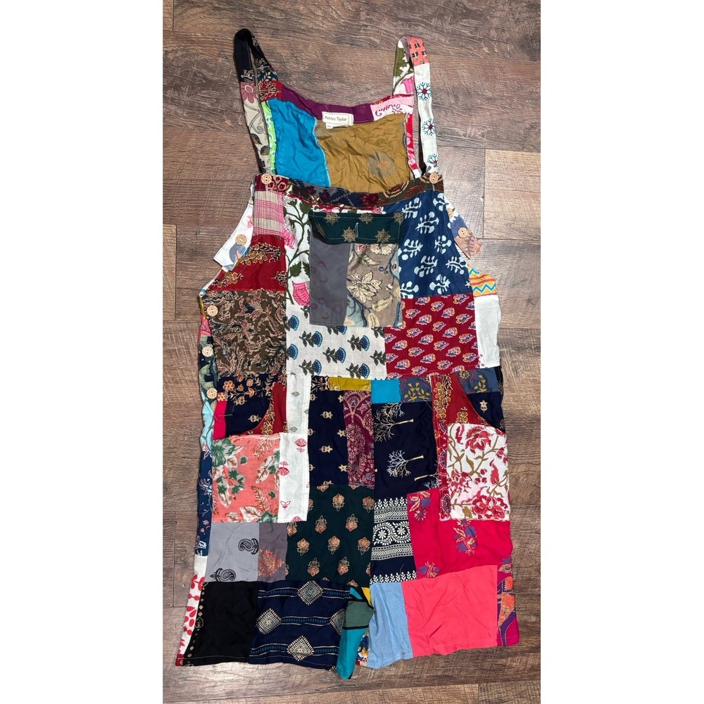 Ashley Taylor Shortalls Womens One Size Multicolor Patchwork Art Boho Overalls